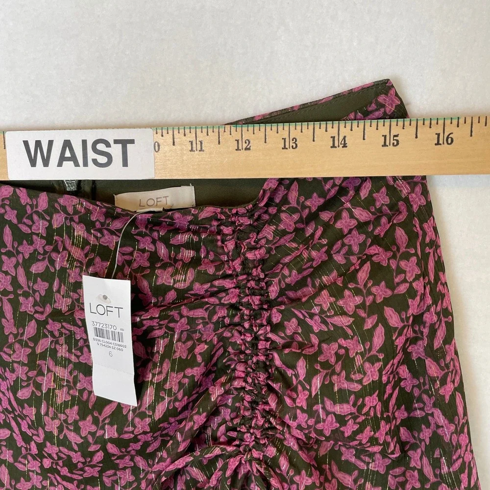 LOFT Skirt Women's Size 6 Pink Floral Ruched Sheer Lined Midi Career Casual - Picture 5 of 6